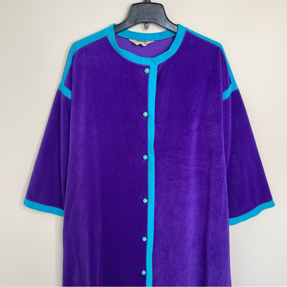 Vintage 60s Vanity Fair Velour Contrast Trim Space Age Button Up House Robe Coat